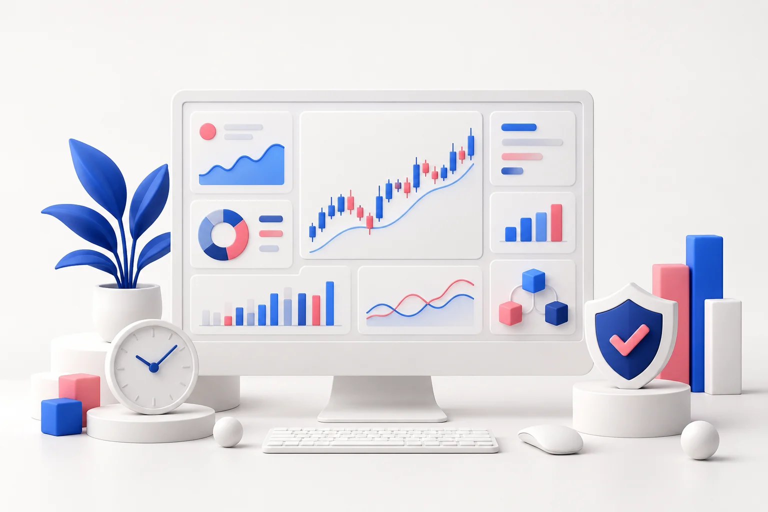 Monitor with modular charts, a clock, a shield and linked data blocks.