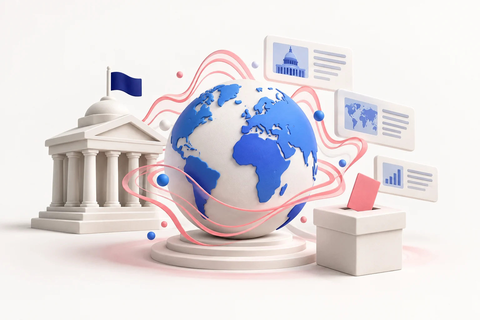 Globe surrounded by a bank, ballot box and news cards.