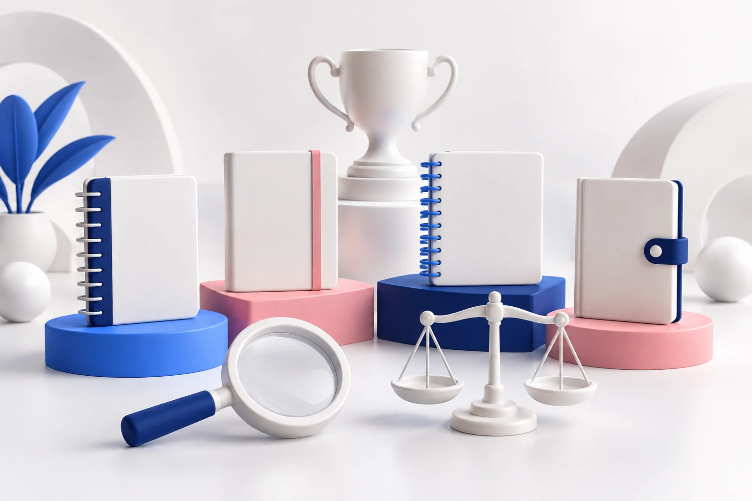 Four notebooks with scales and a trophy in the background.