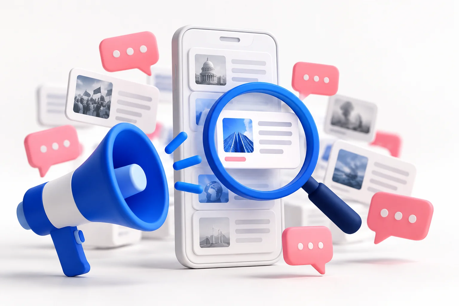 Phone and speech bubbles beside a magnifying glass filtering news.