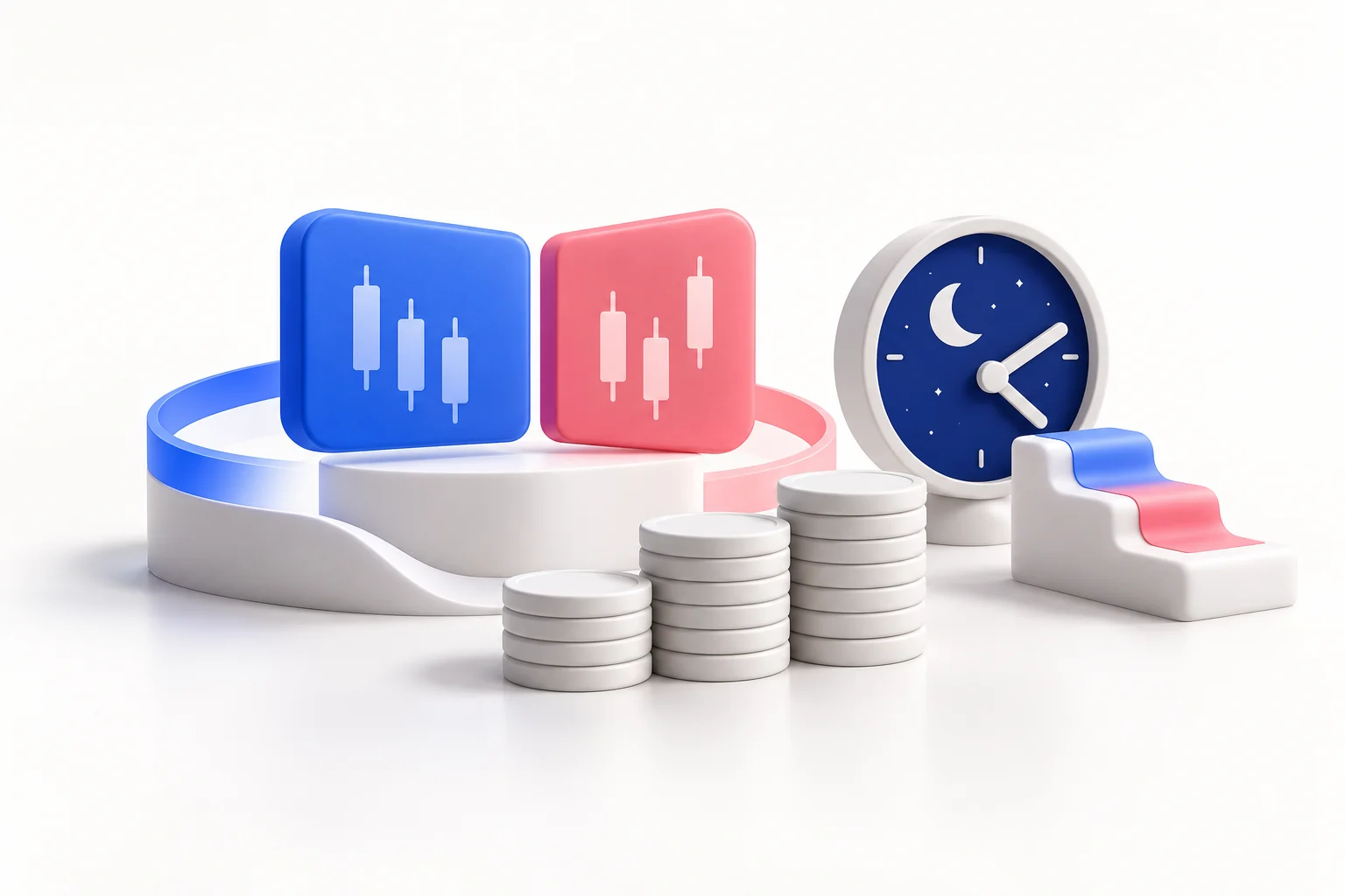 Coin stacks beside quote tiles, a moon clock and shifting steps.