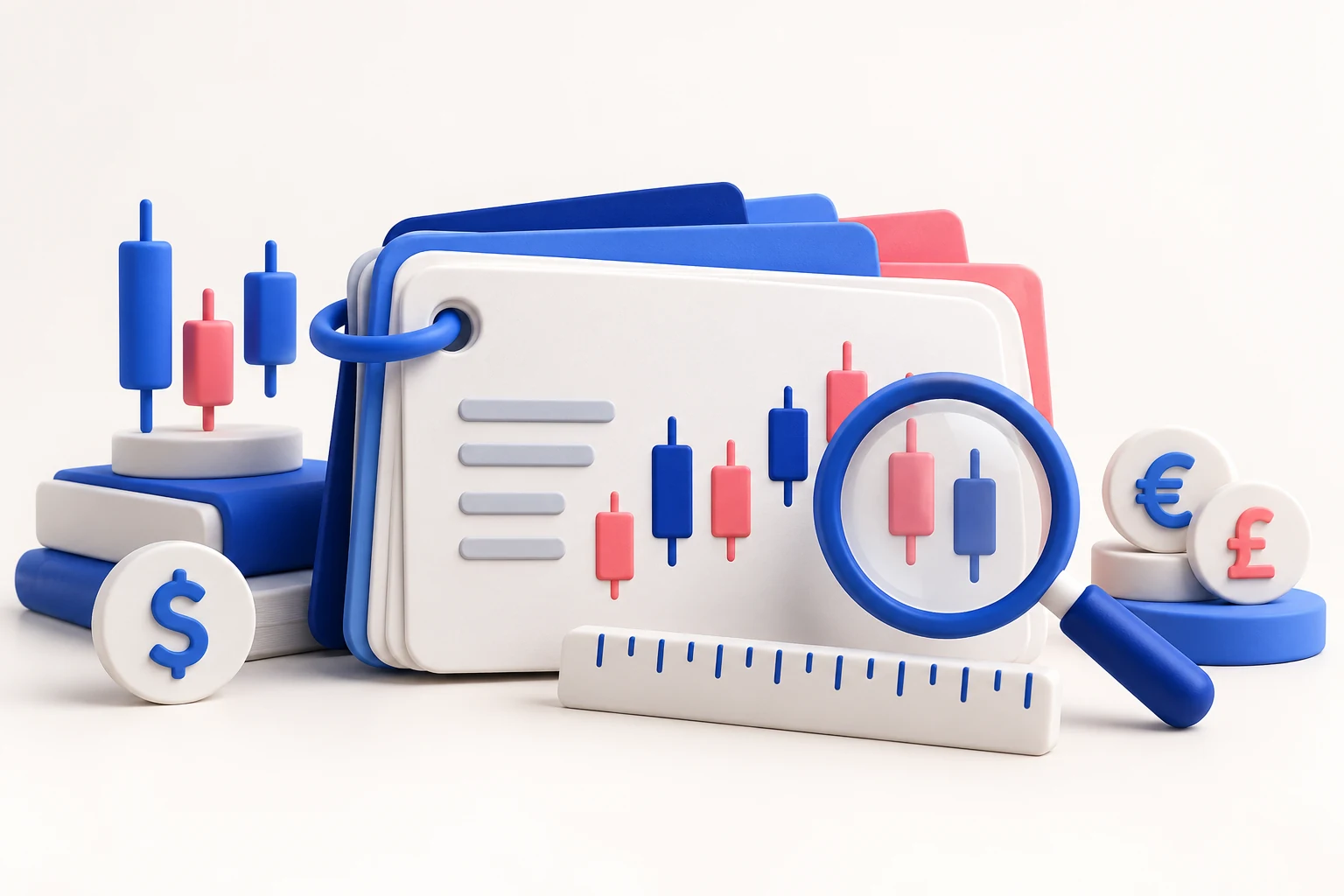 A tidy set of oversized glossary index cards with small abstract candle, ruler and magnifying-glass objects; tiny simple currency symbols only.