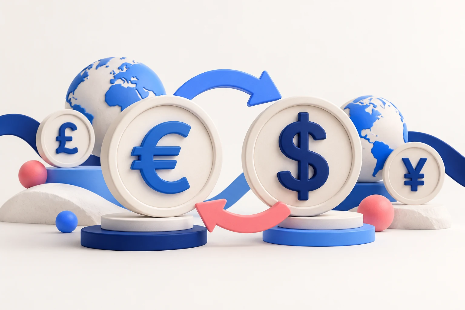 Two large currency medallions marked € and $, paired side by side with opposite curved exchange arrows, smaller £ and ¥ medallions in the background.