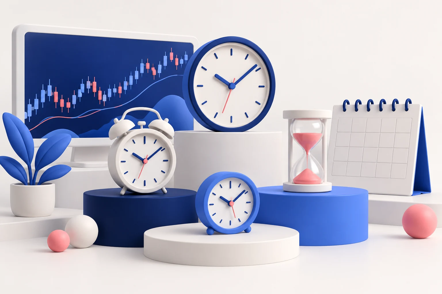 Four different clocks arranged on stepped platforms beside a blank calendar and a simple chart screen, representing different time horizons.