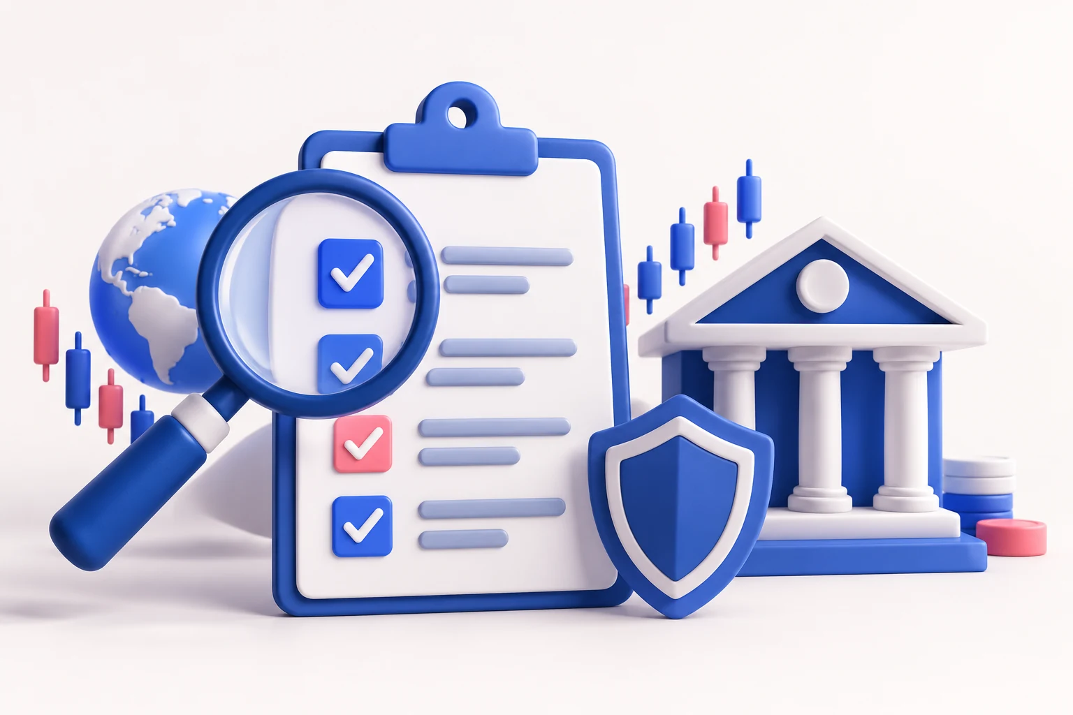 A magnifying glass examining a clipboard with abstract checkboxes, next to a small bank building and a shield; no actual broker logos.