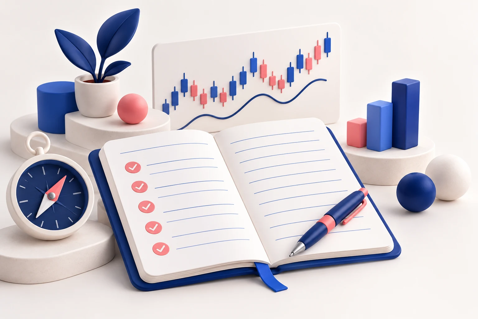 An open blank planning notebook with neat blue lines and pink checkpoints, pen, small compass and abstract chart panel.