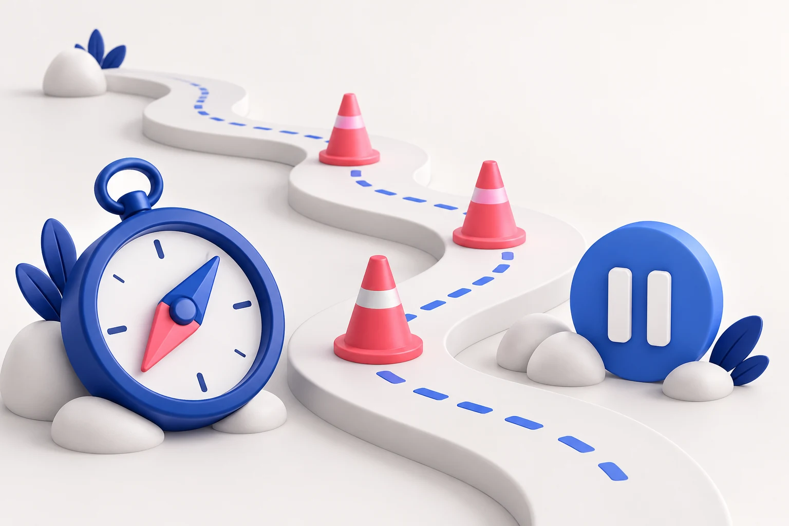 A winding path interrupted by three pink warning cones, with a blue compass and a pause symbol, thoughtful caution without danger drama.