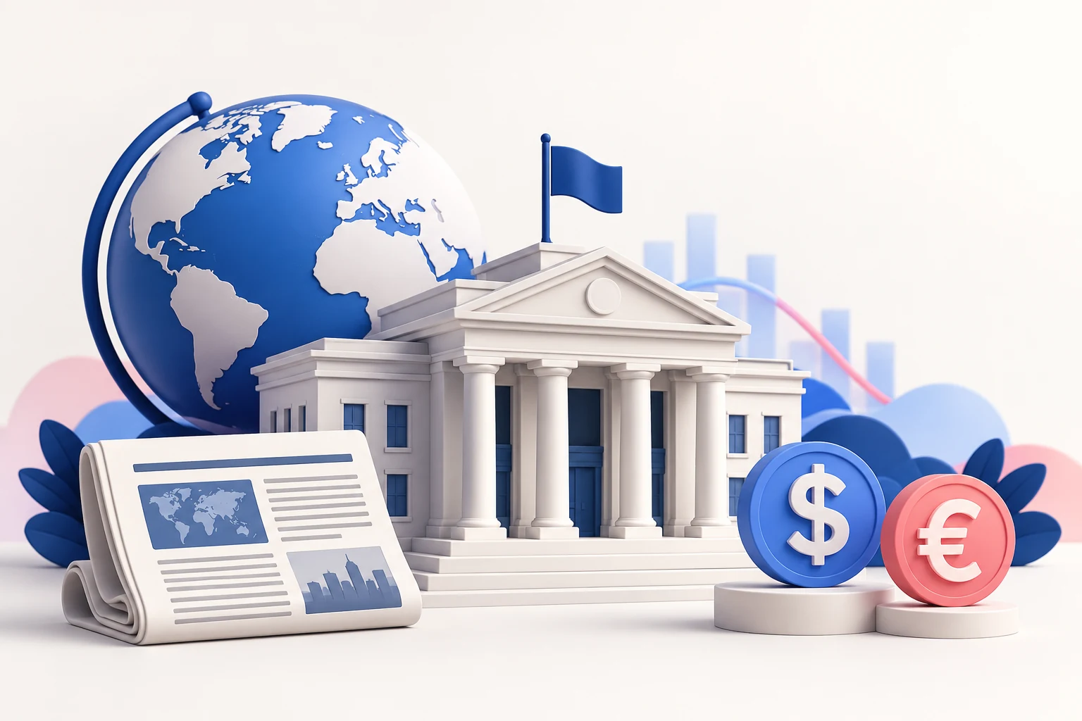 A central bank building, a globe, a simple newspaper with abstract lines and two balanced currency tokens, macroeconomic editorial concept.