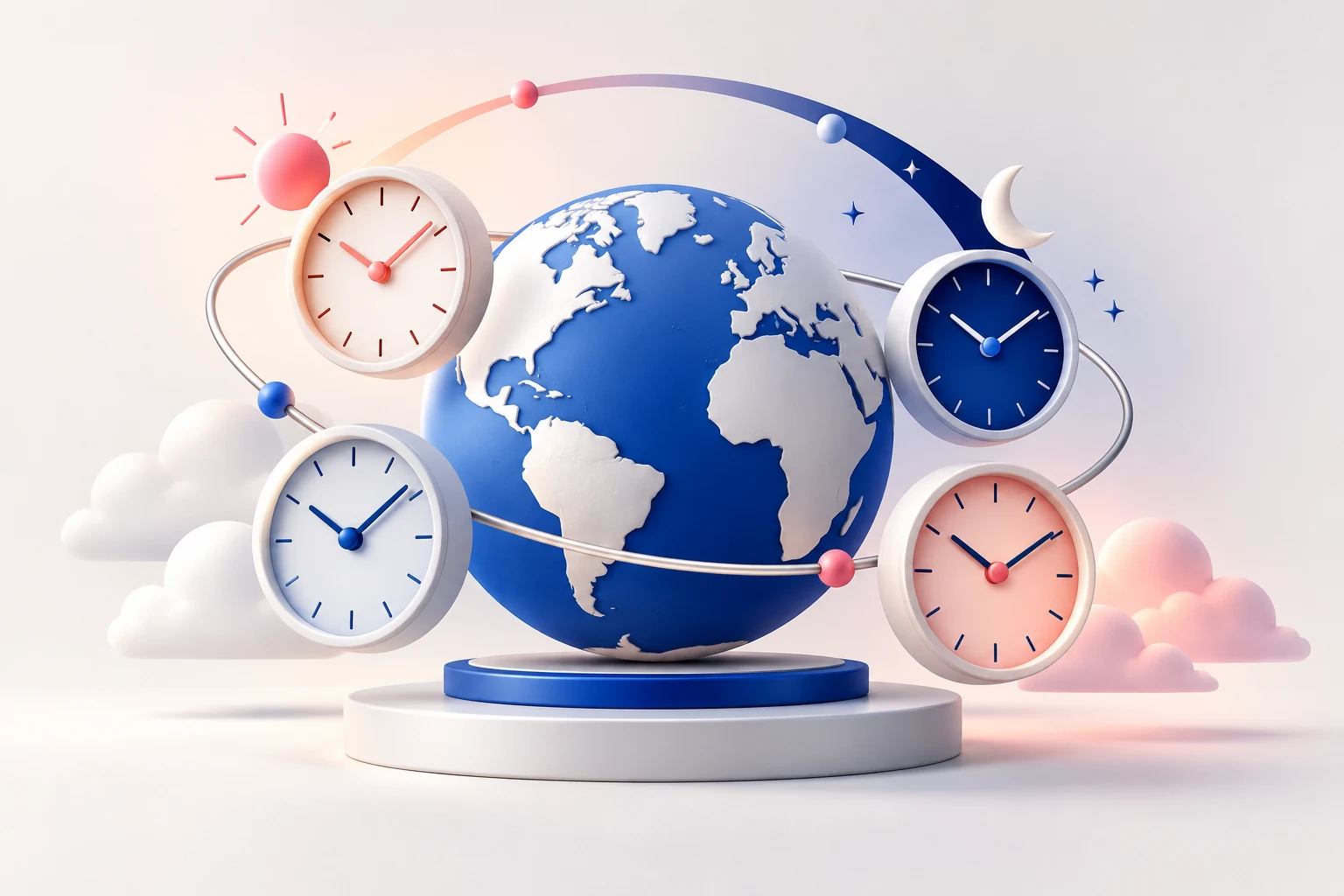 A globe surrounded by four elegant clocks with no exact time labels, a subtle dawn-to-night arc; no factual time-zone infographic.