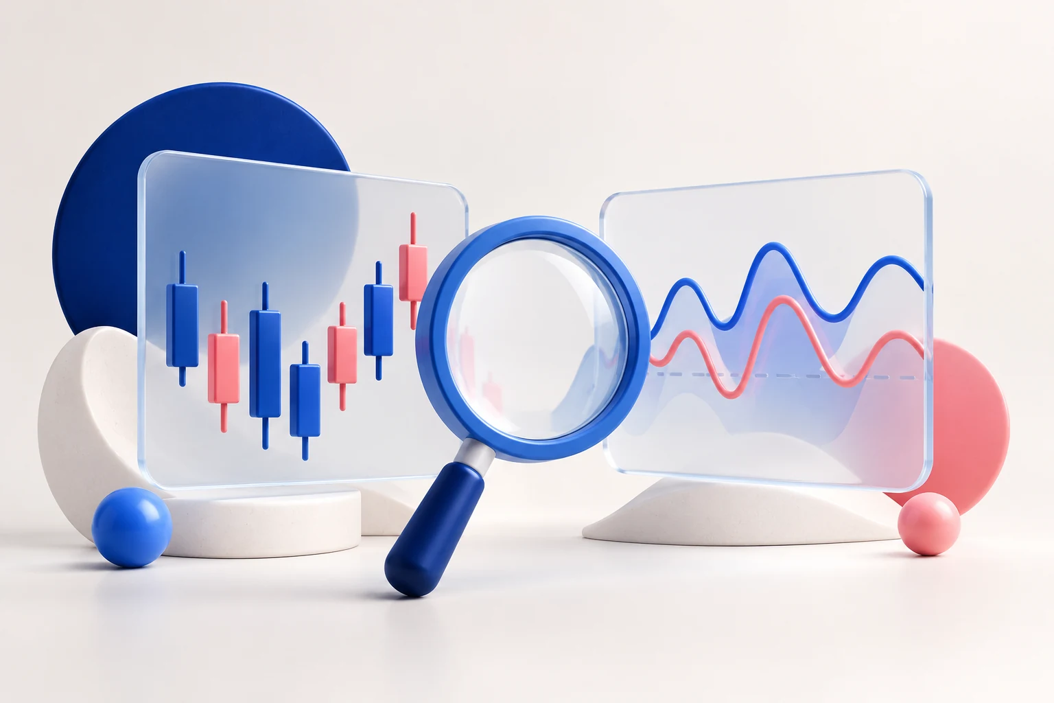 Two adjacent transparent panels, one with simple candlestick silhouettes, one with smooth blue and pink waves; magnifying glass between them.