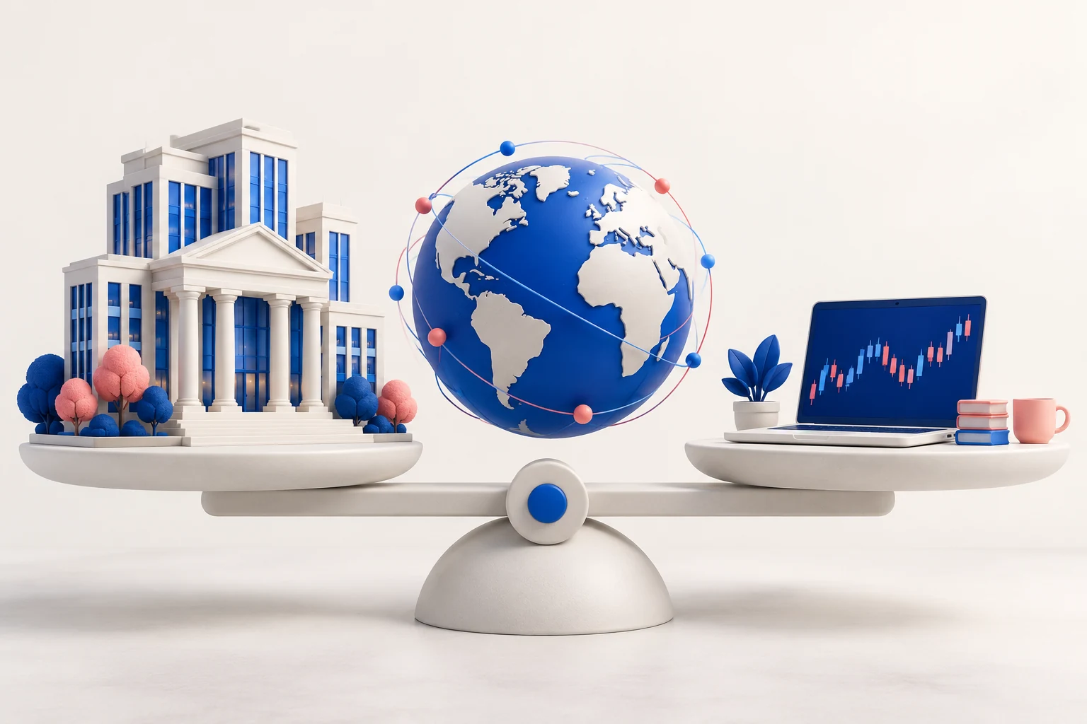 A large office-bank building and a small personal laptop on two balanced platforms with a globe between them, no winners or wealth promise.