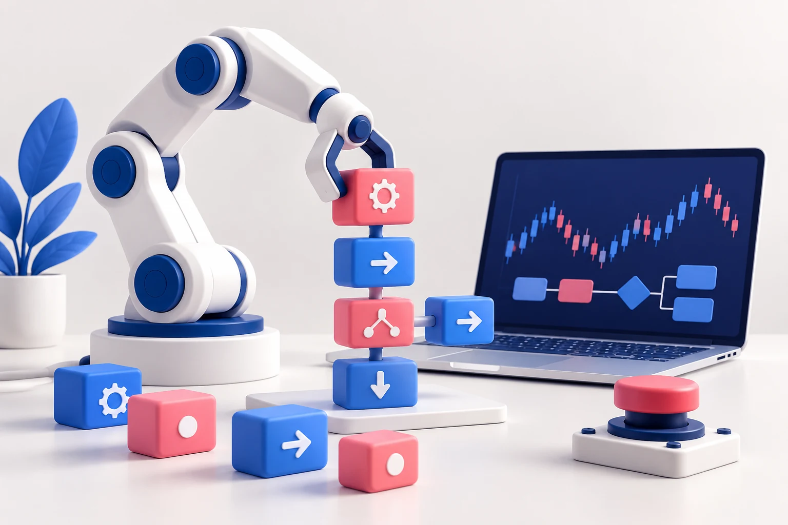 A compact friendly white robot arm arranging small blue and pink modular logic blocks beside a laptop and a visible stop button.