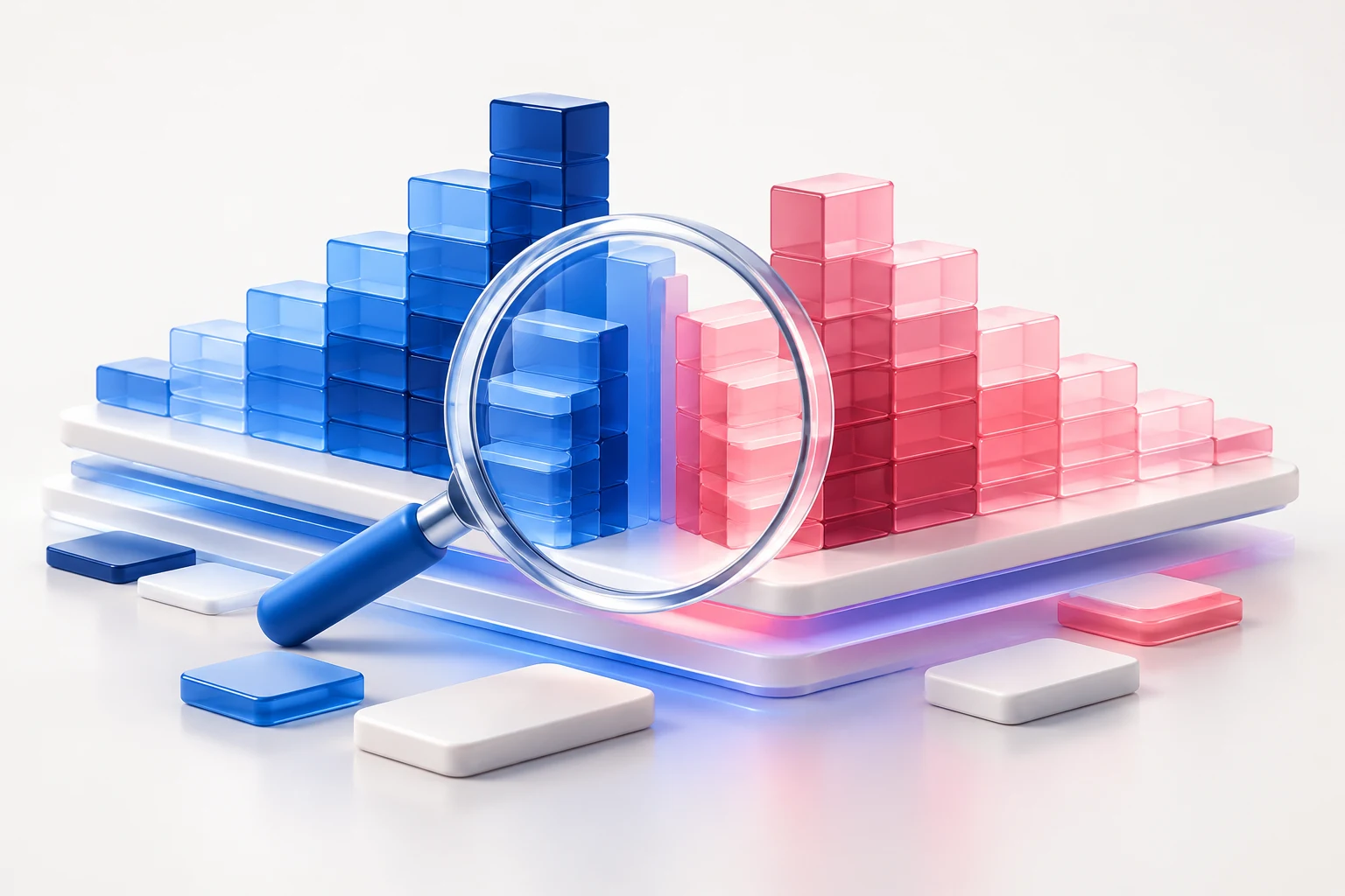 Blue and pink translucent block stacks at different heights, a glass magnifying lens and layered tiles, conceptual liquidity depth without numeric claims.