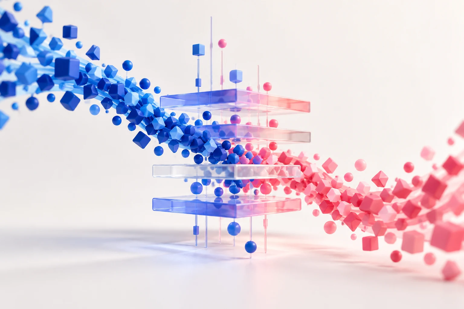 Blue and pink streams of small geometric tokens converging around stacked transparent price-level slabs, architectural market-flow metaphor.